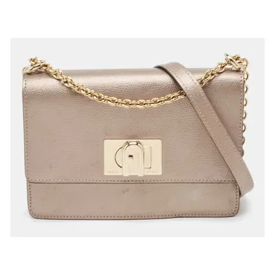 Furla Metallic Grey Leather Chain Shoulder Bag