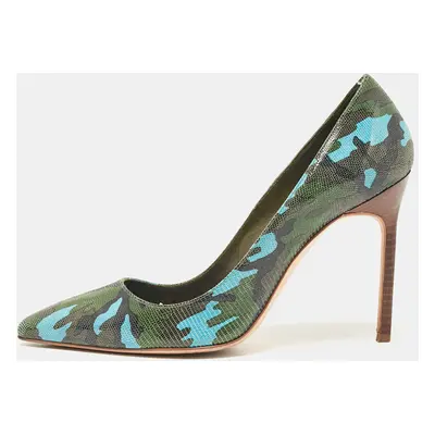 Manolo Blahnik Tricolor Camouflage Print Embossed Lizard Pointed Toe Pumps Size