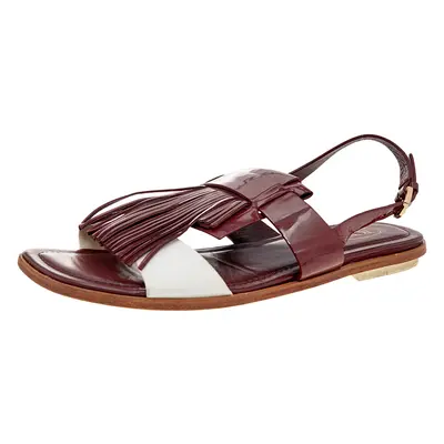 Tod's Burgundy/White Patent Leather And Leather Fringe Flat Sandals Size 38.5