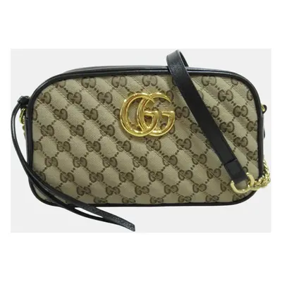 Gucci Beige Black Canvas Leather GG Marmont Shoulder Bag