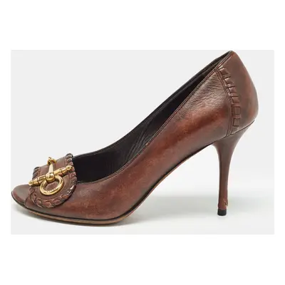 Gucci Brown Leather Horsebit Open Toe Pumps Size 37.5