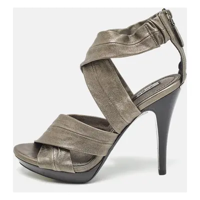 Burberry Grey Leather Platform Ankle Wrap Sandals Size