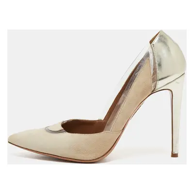 Aquazzura Beige/Gold Suede, Leather and PVC Pointed Toe Pumps Size