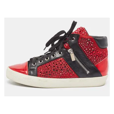 Gina Red/Black Leather Crystal Embellished High Top Sneakers Size