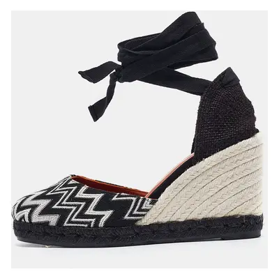 Missoni Black/White Fabric and Raffia Wedge Sandals Size