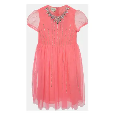 Gucci Neon Pink Crystal Embellished Tulle Tiger Dress (10 Yrs)