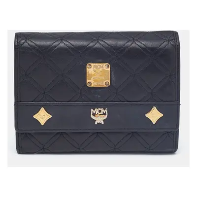 MCM Black Quilted Leather Embellished Flap Compact Wallet