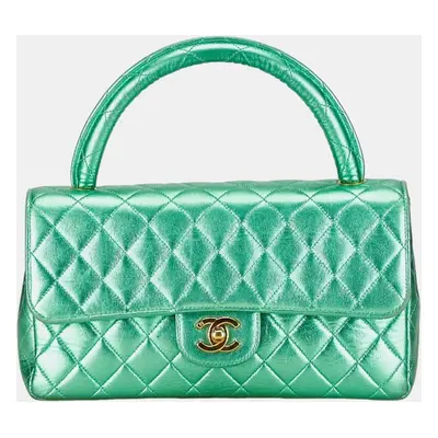 Chanel Metallic Green Lambskin Leather Quilted Top Handle Bag