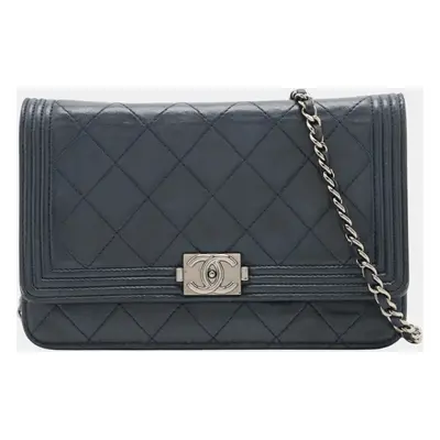 Chanel Navy Leather Boy Chanel Chain Long Wallet Bag