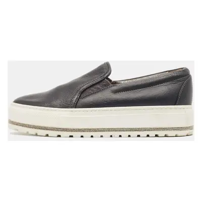 Brunello Cucinelli Black Leather Slip On Sneakers Size