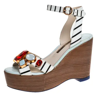 Sophia Webster White/Black Striped Leather Suki Gem Embellished Wedge Platform Sandals Size 37.5