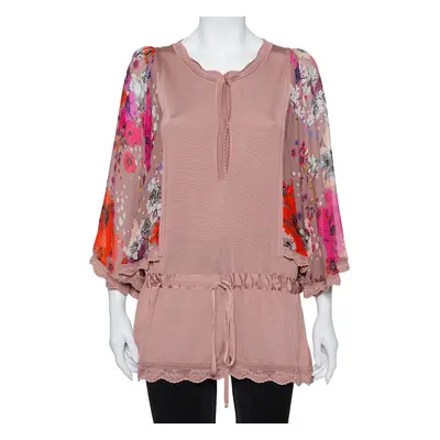 Roberto Cavalli Blush Pink Wool Floral Print Sleeve Detail Drop Waist Tunic