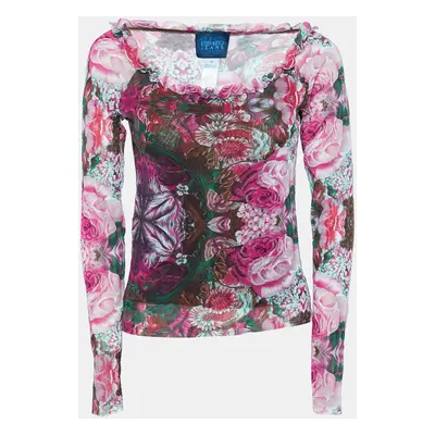 Kenzo Jeans Pink Floral Print Knit Ruffled Neck Top