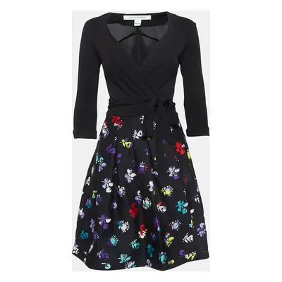 Diane Von Furstenberg Black Floral Printed Wool and Silk Wrap Dress