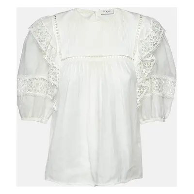 Sandro White Ramie Lace Trim Ruffled Top