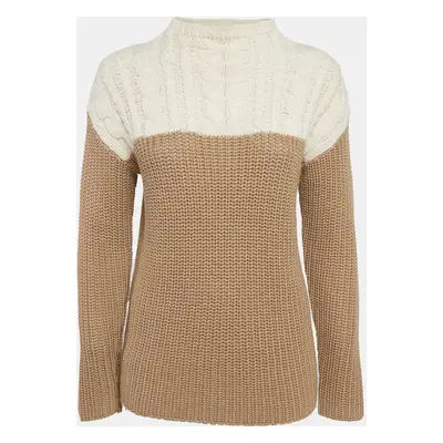 Sandro Camel Brown/Cream Wool Blend and Cable Knit Sweater