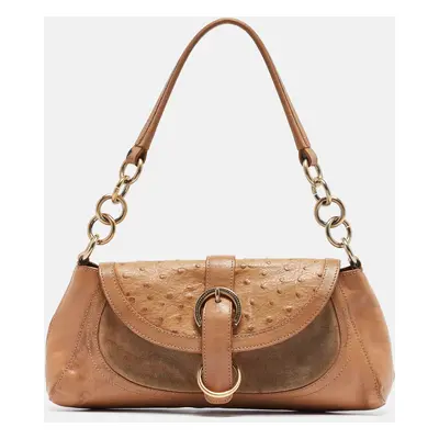 Furla Beige Suede, Ostrich Embossed and Leather Buckle Flap Hobo