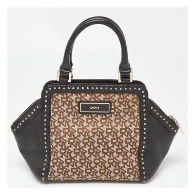 DKNY Beige/Black Signature Canvas and Leather Studded Satchel