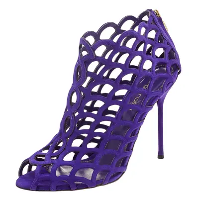 Sergio Rossi Purple Suede Scalloped Peep Toe Caged Booties Size