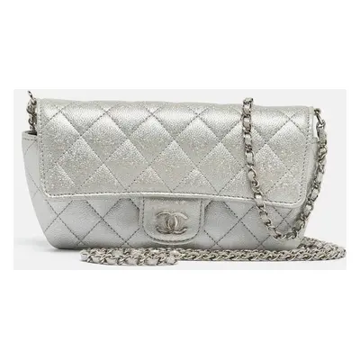 Chanel Silver Iridescent Caviar Quilted Leather Glassed Case with Chain