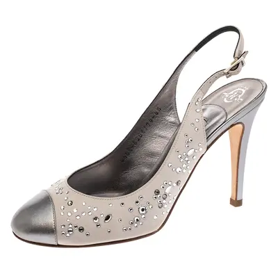 Gina Metallic Silver Satin and Leather Crystal Embellished Slingback Sandals Size 37.5