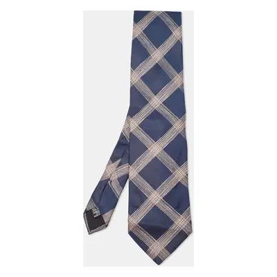 Boss By Hugo Boss Navy Blue Checked Silk Satin Tie