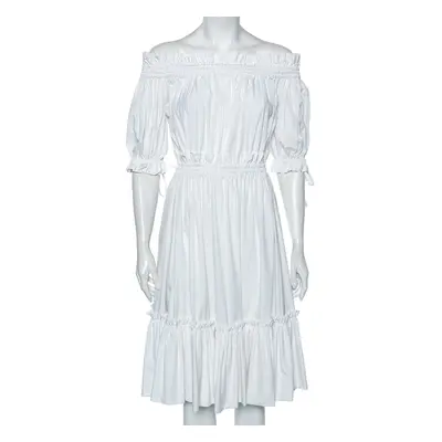 Alexander McQueen White Cotton Ruched Tiered Off Shoulder Midi Dress