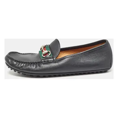 Gucci Black Leather Web Horsebit Slip On Loafers Size