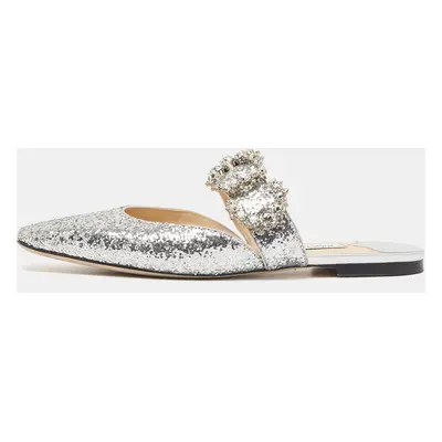 Jimmy Choo Silver Glitter Crystal Embellished Flat Mules Size