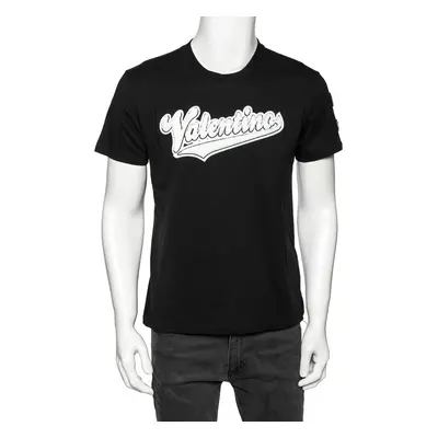 Valentino Black Cotton Baseball Logo Appliqued Short Sleeve T-Shirt