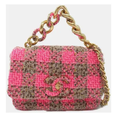 Chanel Pink Brown Tweed Chain Shoulder Bag