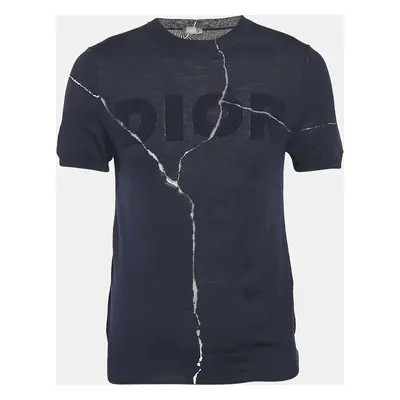 Dior Homme X Daniel Arsham Navy Blue Crack Effect Short Sleeve Sweatshirt