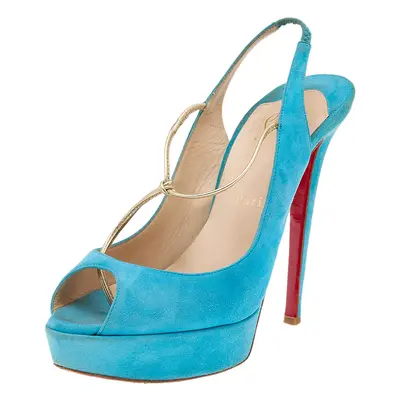 Christian Louboutin Blue Suede Alta Spritney Platform Slingback Sandals Size