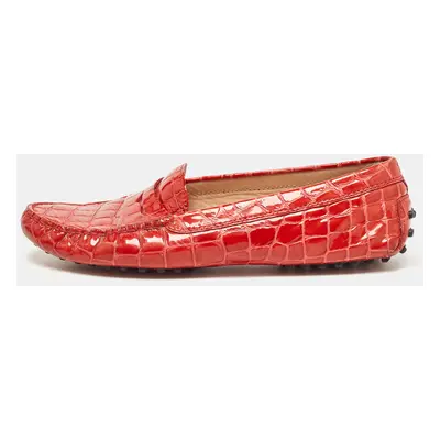 Tod's Red Croc Embossed Patent Leather Penny Loafers Size 39.5