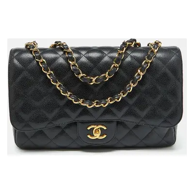 Chanel Black Quilted Caviar Leather Jumbo Classic Single Flap Bag