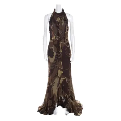 Escada Green and Brown Fauna Print Plisse Silk Ruffled Halter Maxi Dress