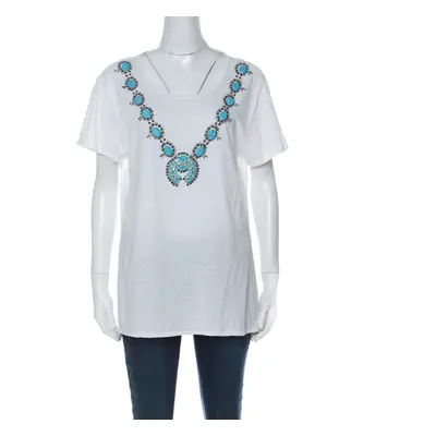 Tory Burch White Cotton Turquoise Bead Embellished T Shirt