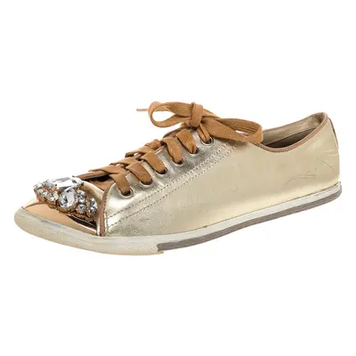 Miu Miu Gold Leather Crystal Embellished Cap Toe Sneakers Size