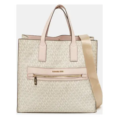 Michael Kors Off White/Pink Signature Coated Canvas Kenly Tote