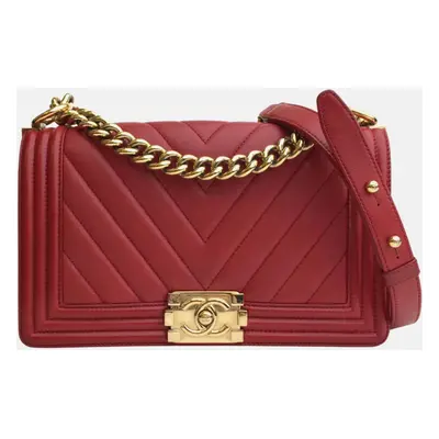 Chanel Red Leather Boy Shoulder Bags