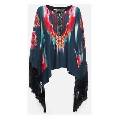 Just Cavalli Navy Blue Printed Knit Fringed Lace-Up Poncho Top