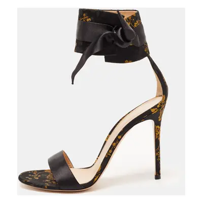 Gianvito Rossi Black/Yellow Jacquard Fabric Ankle Strap Open Toe Sandals Size