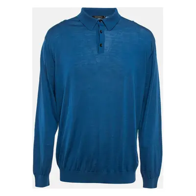 Ermenegildo Zegna Blue Wool Knit Long Sleeve Polo T-Shirt 4XL