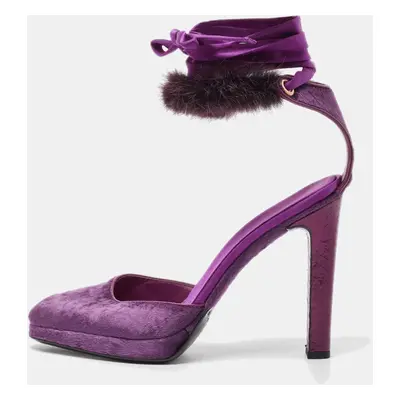 Gucci Purple Velvet and Mink Fur Ankle Strap Sandals Size 37.5