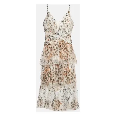 Notte By Marchesa Beige Printed Tulle Tiered Midi Dress