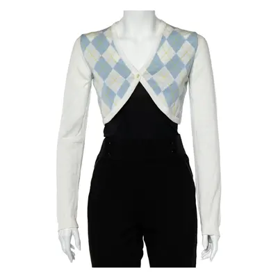 Burberry White Argyle Cotton Knit Cropped Cardigan