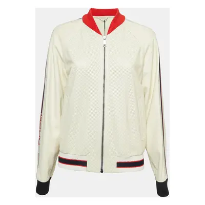 Gucci Cream Logo Print Leather Perforated Detail Bomber Jacket