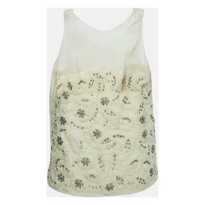 Chloe Cream Crystals Embellished Silk & Linen Blend Sleeveless Top