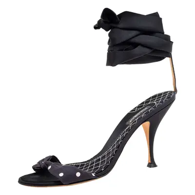 Dolce & Gabbana Navy Blue/Black Polka Dot Knotted Fabric Ankle-Wrap Sandals Size 40.5