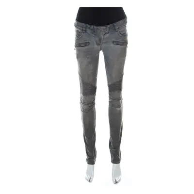 Balmain Grey Washed Denim Pintucked Panel Zip Detail Skinny Jeans